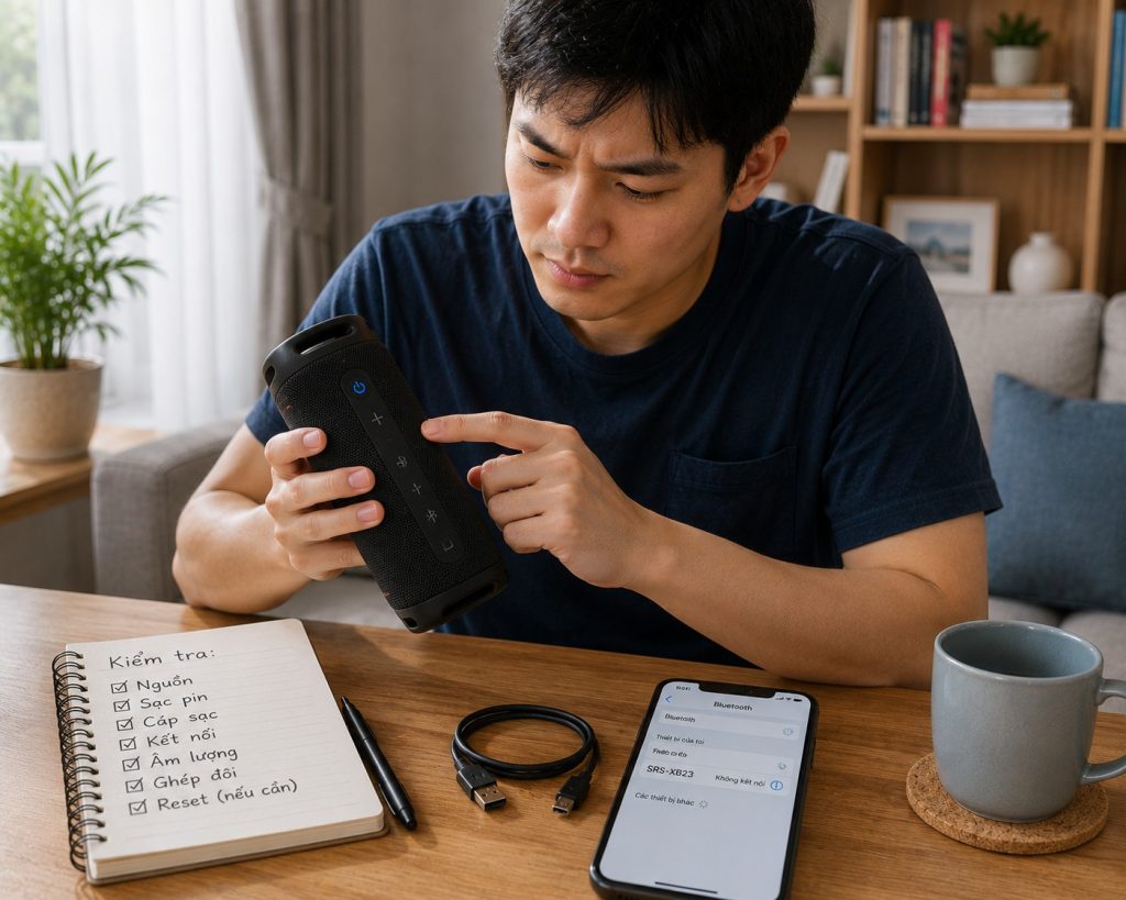 Người dùng kiểm tra loa Bluetooth và kết nối điện thoại tại bàn làm việc