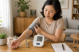 Người phụ nữ trung niên kiểm tra vòng bít khi đo huyết áp tại nhà
