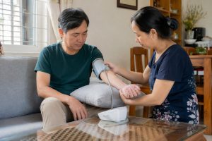Người thân hỗ trợ người trung niên đo huyết áp đúng tư thế tại nhà