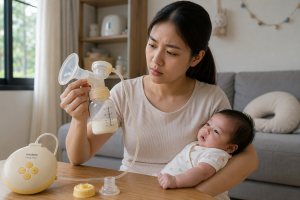 Mẹ kiểm tra bộ phễu và bình của máy hút sữa Medela khi chăm em bé