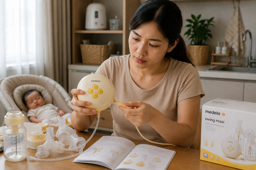 Mẹ kiểm tra thân máy và dây của máy hút sữa Medela tại nhà