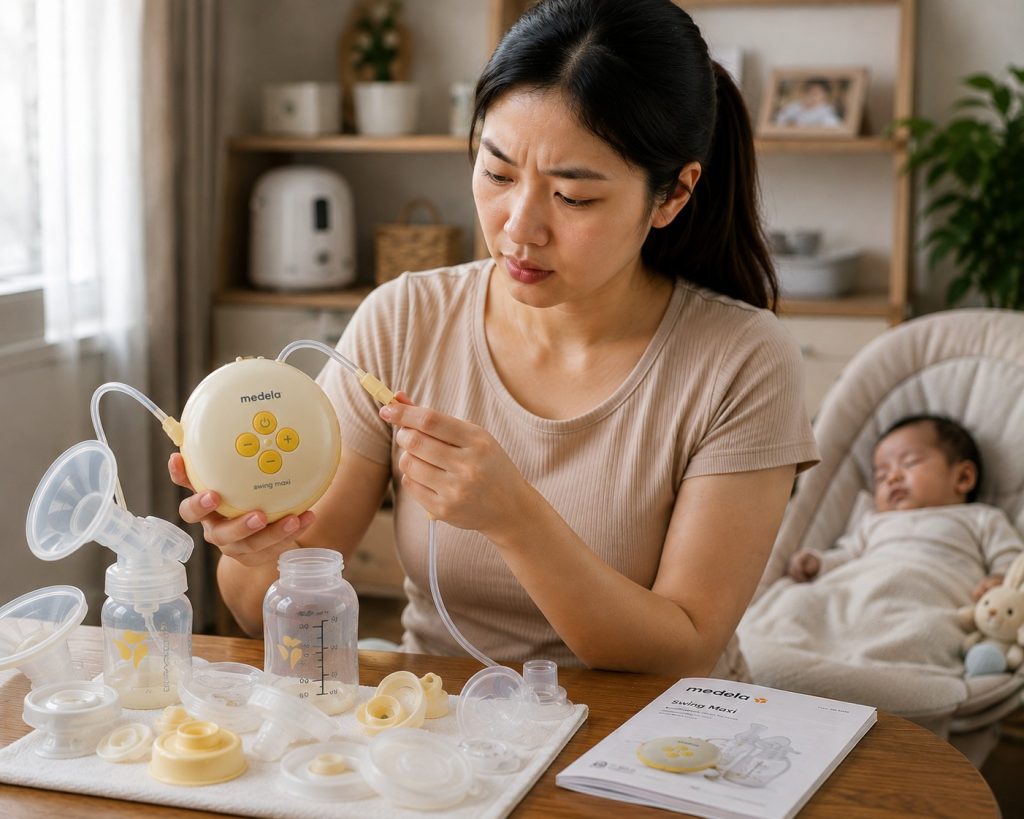 Mẹ kiểm tra ống và phụ kiện máy hút sữa Medela trong góc chăm bé
