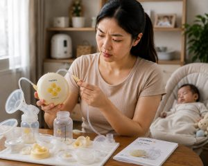 Mẹ kiểm tra ống và phụ kiện máy hút sữa Medela trong góc chăm bé