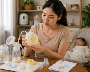 Mẹ kiểm tra máy hút sữa Medela và bộ phụ kiện trong không gian chăm bé