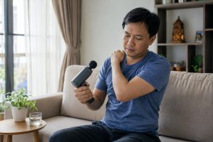 Người dùng kiểm tra máy massage cầm tay rung yếu tại nhà