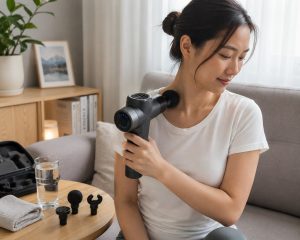 Người phụ nữ sử dụng máy massage cầm tay trong phòng khách