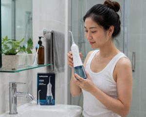 Người dùng kiểm tra máy tăm nước cầm tay trong phòng tắm