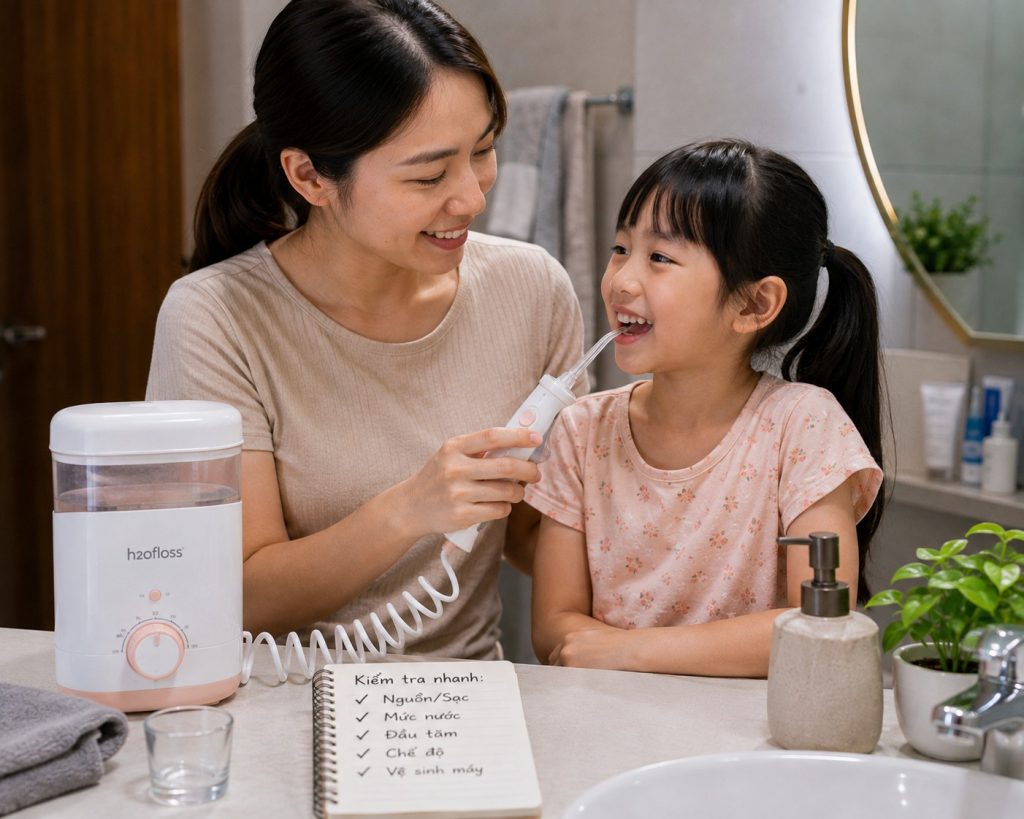 Mẹ hướng dẫn bé sử dụng máy tăm nước trong phòng tắm tại nhà