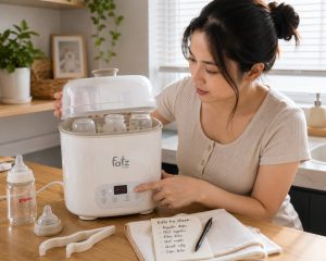 Mẹ kiểm tra máy tiệt trùng bình sữa trong khu vực chăm sóc bé tại nhà