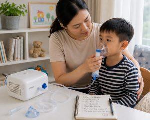 Mẹ hỗ trợ bé sử dụng máy xông khí dung tại nhà