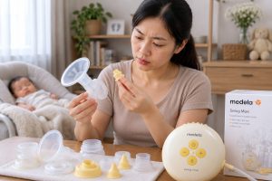 Mẹ kiểm tra phụ kiện bộ hút của máy hút sữa Medela tại nhà