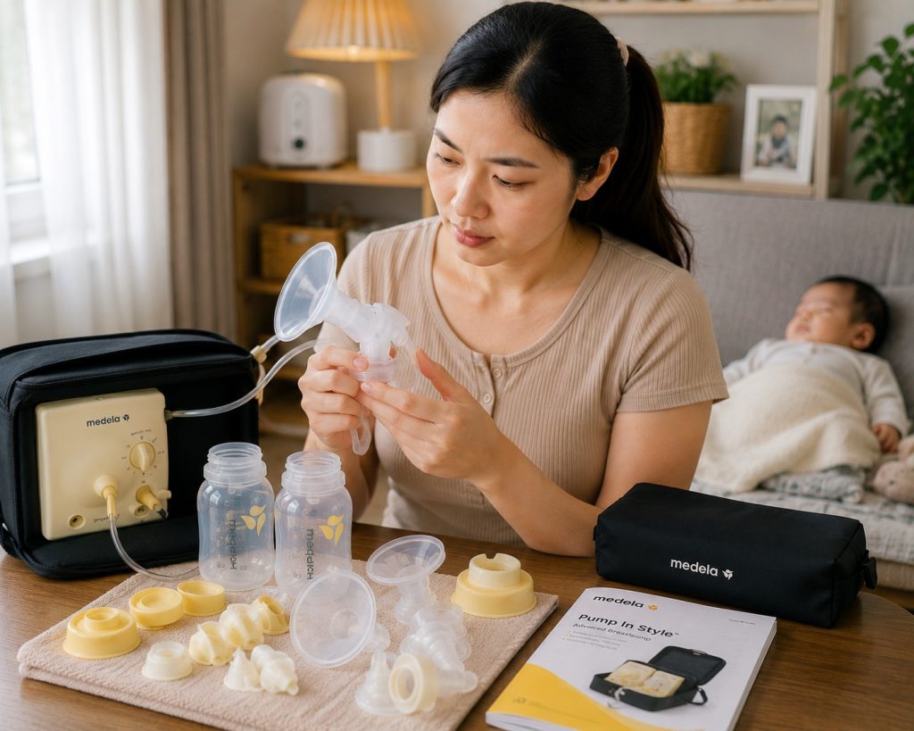 Mẹ kiểm tra bình và connector của máy hút sữa Medela Pump In Style