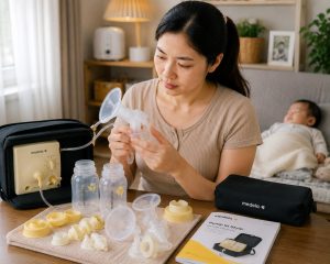 Mẹ kiểm tra bình và connector của máy hút sữa Medela Pump In Style