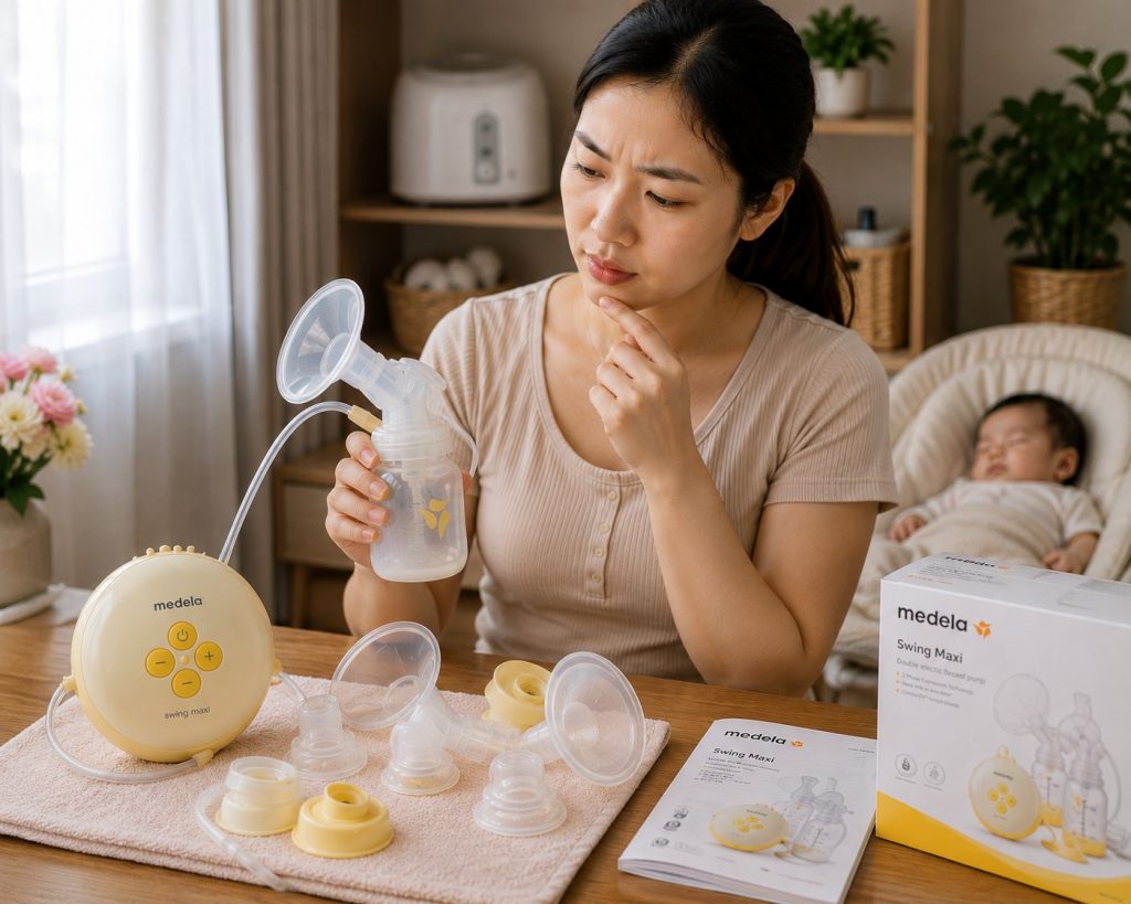 Mẹ quan sát bộ phễu và van máy hút sữa Medela tại nhà