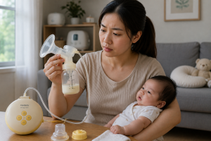 Mẹ kiểm tra bộ phễu và bình máy hút sữa Medela trong không gian chăm bé
