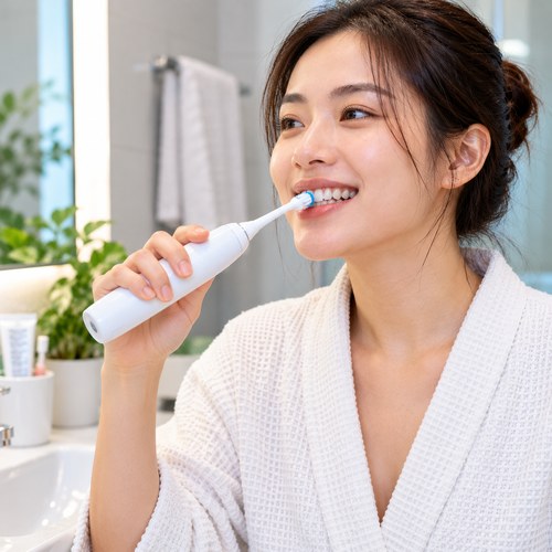 Người phụ nữ dùng bàn chải điện màu trắng trước bồn rửa trong phòng tắm sáng sạch