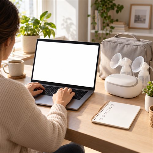 Người dùng chuẩn bị liên hệ hỗ trợ trên laptop với máy hút sữa và túi đựng đặt cạnh checklist trống