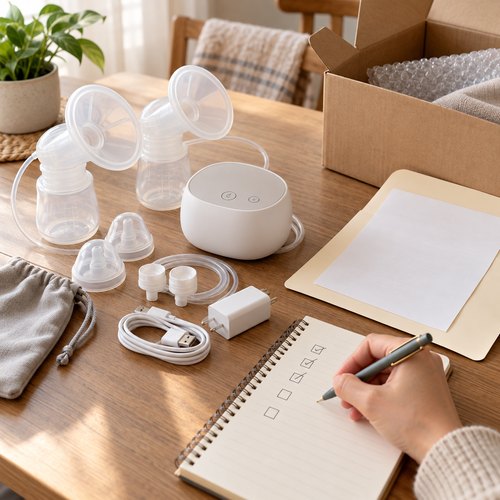 Máy hút sữa điện và phụ kiện được chuẩn bị cạnh hồ sơ mua hàng cùng sổ ghi chú trên mặt bàn
