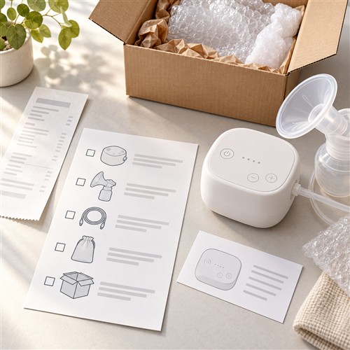 Minh họa máy hút sữa cạnh phiếu checklist, chứng từ mua hàng và hộp đóng gói