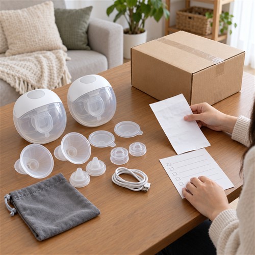 Máy hút sữa wearable và phụ kiện được chuẩn bị cạnh hộp gửi hàng, hóa đơn trơn và checklist