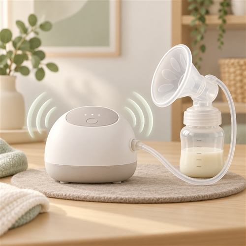 Minh họa máy hút sữa điện màu trắng trên đệm vải với các đường âm thanh cách điệu xung quanh motor