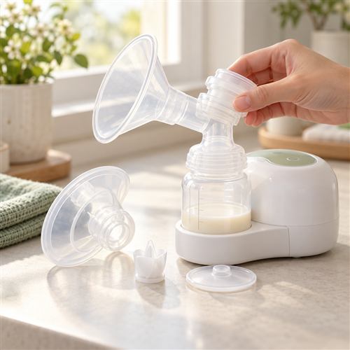Bàn tay lắp khớp phễu và bình của máy hút sữa điện màu trắng cạnh các phụ kiện silicon trên bàn sáng