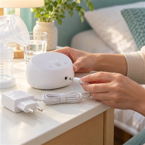 Bàn tay kiểm tra đầu nối nguồn của máy hút sữa điện màu trắng cạnh adapter và cáp trên bàn