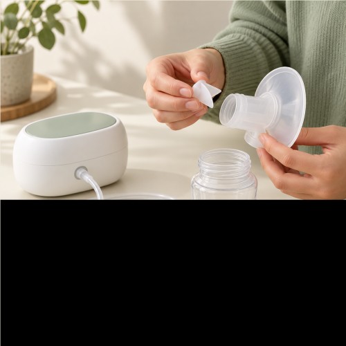 Minh họa thân máy hút sữa điện cùng van, màng silicon, ống và bình được kiểm tra trên mặt bàn sáng