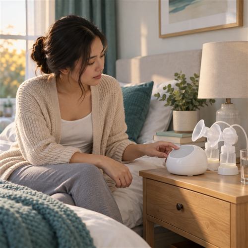 Người phụ nữ quan sát máy hút sữa điện màu trắng trên bàn cạnh giường sau khi máy dừng hoạt động