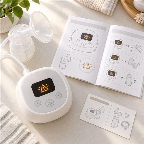 Minh họa máy hút sữa điện với biểu tượng cảnh báo trừu tượng cạnh sách hướng dẫn và thẻ mã model