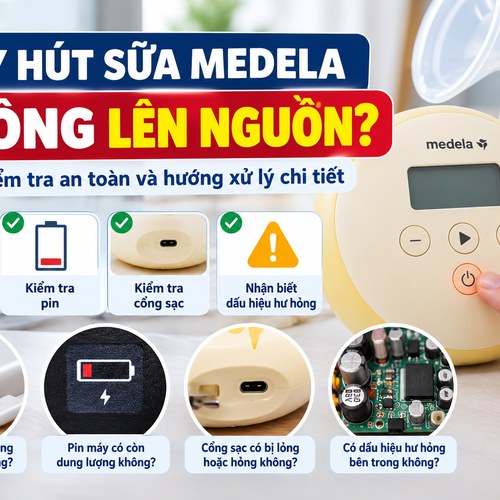Infographic hướng dẫn kiểm tra an toàn khi máy hút sữa Medela không lên nguồn, minh họa máy hút sữa, bộ sạc, pin và cổng sạc