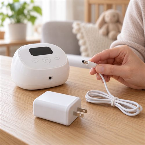 Máy hút sữa có màn hình tắt cùng adapter và dây nguồn đã rút điện đang được kiểm tra trên mặt bàn khô