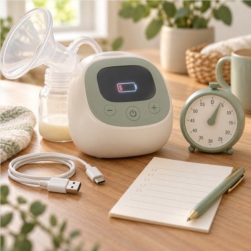 Minh họa máy hút sữa đang hiển thị biểu tượng pin thấp cạnh đồng hồ ghi nhận thời điểm máy dừng