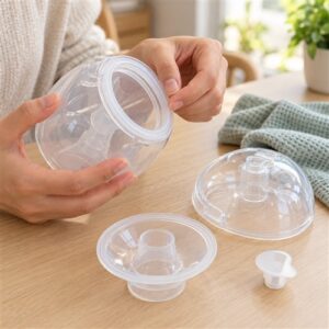 Bàn tay kiểm tra mép làm kín của cốc và phụ kiện máy hút sữa wearable trên mặt bàn sạch khô