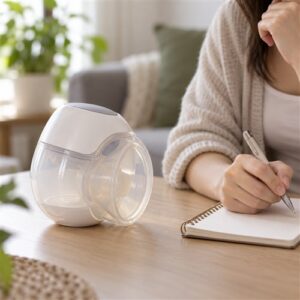 Máy hút sữa wearable đặt trên mặt bàn cạnh sổ ghi chú khi người dùng quan sát tiếng vận hành