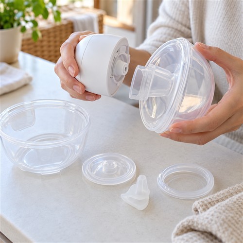 Bàn tay căn chỉnh cốc và phụ kiện rời của máy hút sữa wearable trên mặt bàn sạch, khô