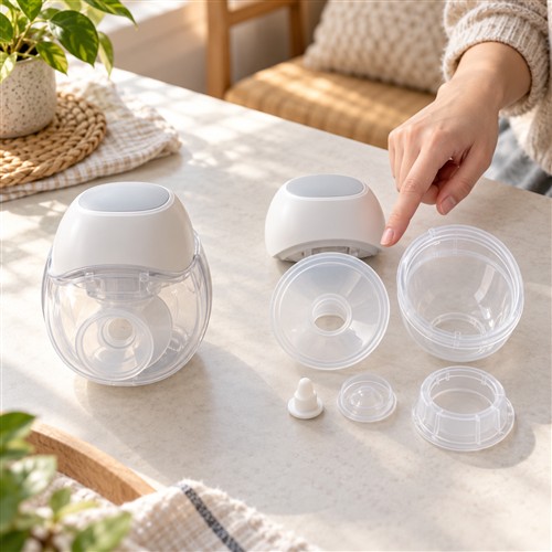 Hai cụm phụ kiện máy hút sữa wearable được đặt cạnh nhau để đối chiếu cách lắp trên mặt bàn khô