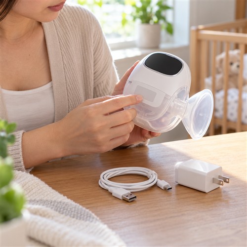 Máy hút sữa wearable với màn hình tắt, cáp và bộ sạc rời đặt trên mặt bàn khô trong không gian gia đình