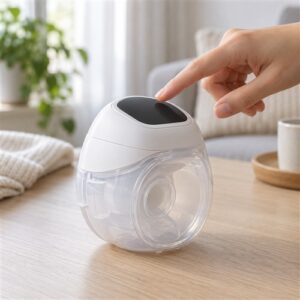 Ngón tay quan sát nút điều khiển trên màn hình tối của máy hút sữa wearable đặt trên bàn khô