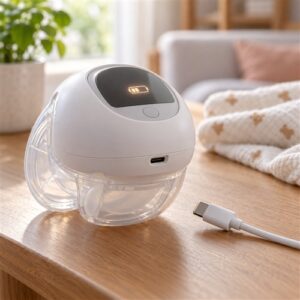 Máy hút sữa wearable với chỉ báo pin sáng nhẹ và cáp sạc đặt rời trên mặt bàn khô