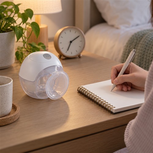Máy hút sữa wearable đã tắt đặt cạnh sổ ghi chú và đồng hồ trong không gian gia đình