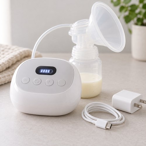 Cận cảnh máy hút sữa điện với các vạch pin sáng trên màn hình và adapter đặt bên cạnh