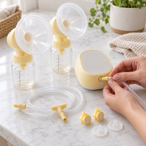 Máy hút sữa điện cùng phễu, bình và ống sạch được sắp xếp gọn; bàn tay kiểm tra đầu nối