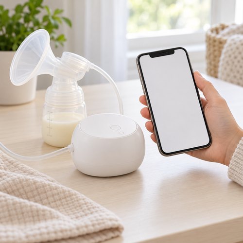 Điện thoại và máy hút sữa điện đặt gần nhau trên bàn trong lúc người dùng kiểm tra kết nối