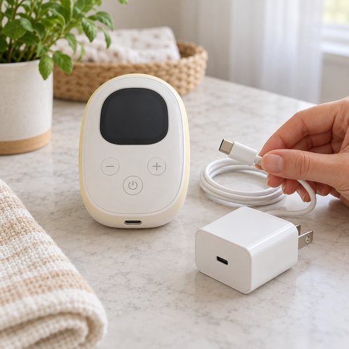 Máy hút sữa điện với màn hình tắt, adapter và cáp nguồn được đặt cạnh nhau trên mặt bàn khô