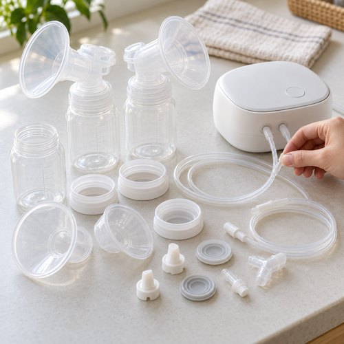Máy hút sữa điện cùng phễu, bình, ống và phụ kiện sạch được xếp gọn trên mặt bàn