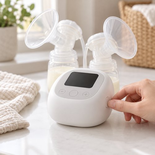 Máy hút sữa điện với màn hình tối trên mặt bàn sáng, bàn tay hướng đến nút nguồn cạnh máy