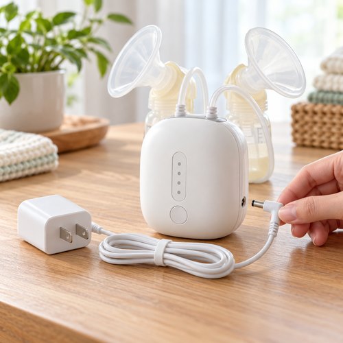 Máy hút sữa điện và bộ adapter, cáp nguồn được đặt gọn trên mặt bàn sáng, khô ráo