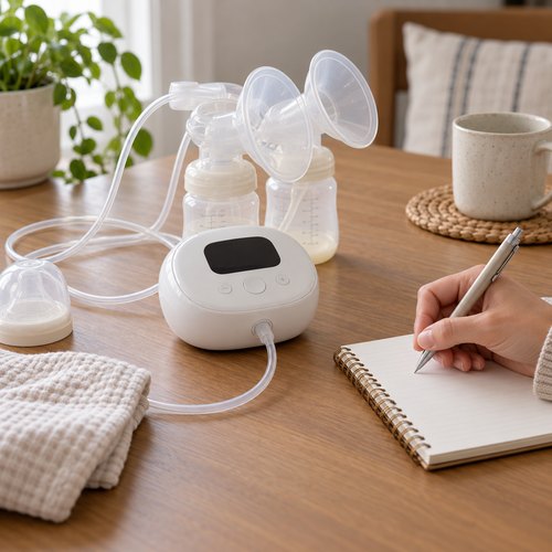 Máy hút sữa điện với màn hình tối cùng bộ ống và phụ kiện trên mặt bàn, bên cạnh sổ ghi chú