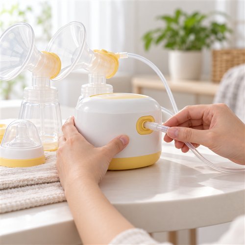 Bàn tay kiểm tra kết nối ống hút sữa bên ngoài cạnh máy và phụ kiện đã làm sạch trên bàn sáng
